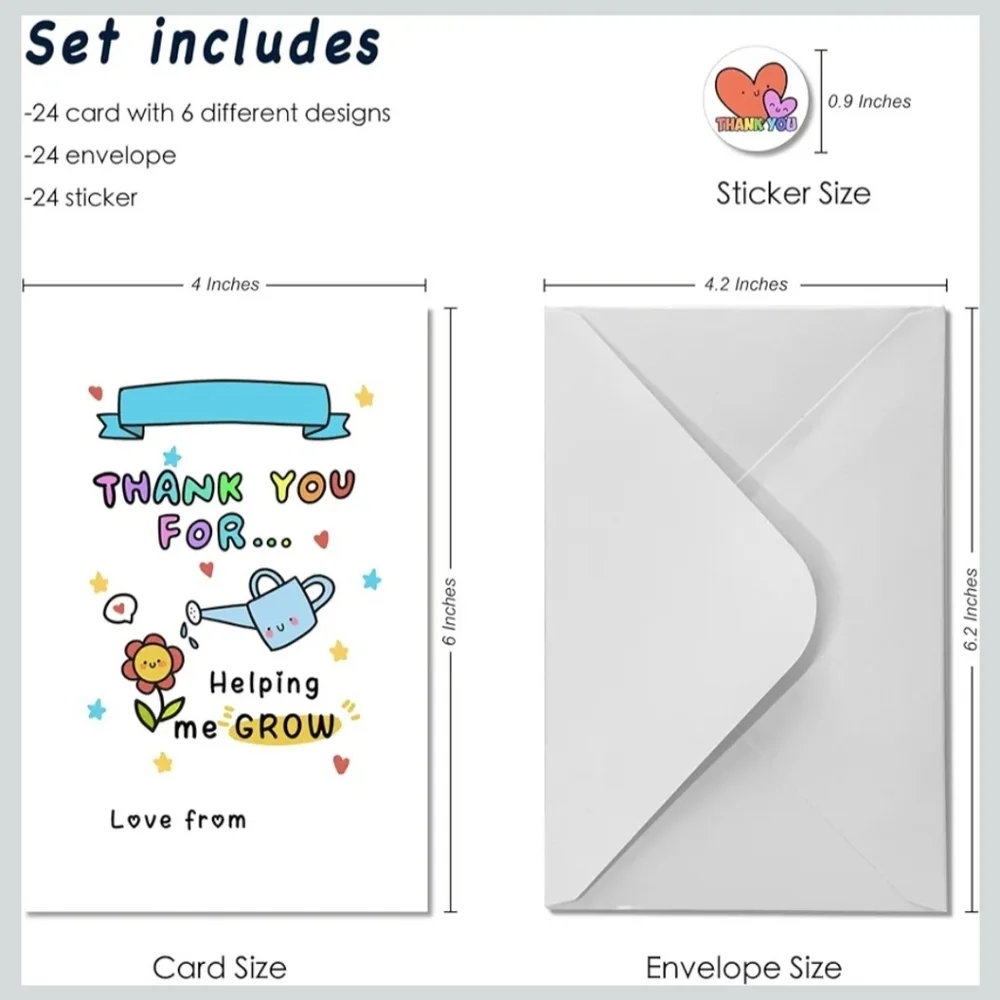 🍎 24 Pack Thank You Cards Stickers Blank Envelopes Appreciation Rainbow Heart